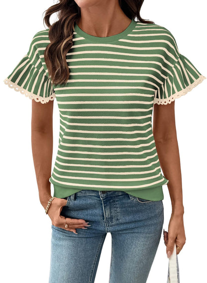 HOT SALE Women's Knit Striped Color Block Ruffled Short Sleeve Top（buy 2 free shipping）