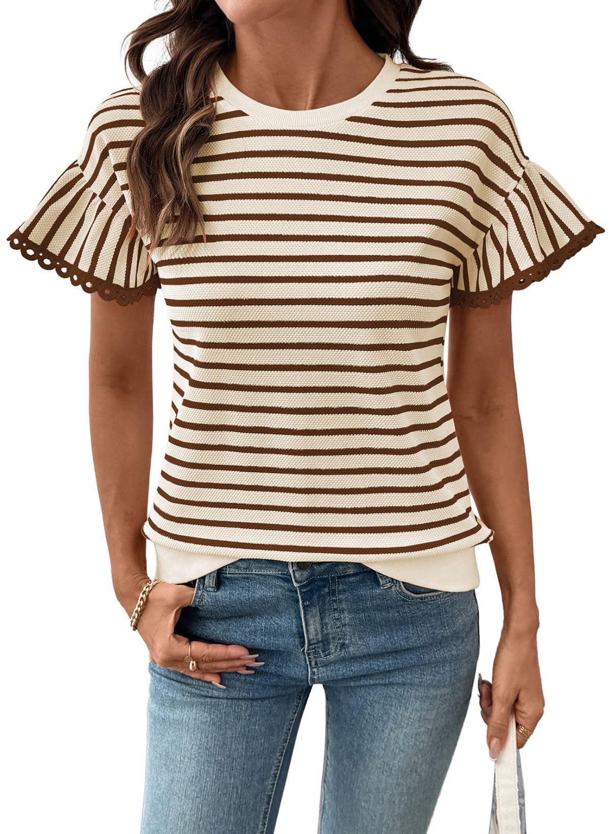 HOT SALE Women's Knit Striped Color Block Ruffled Short Sleeve Top（buy 2 free shipping）