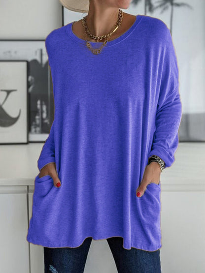 HOT SALE-Round Neck Long Sleeve Loose Pocket Solid T-Shirt