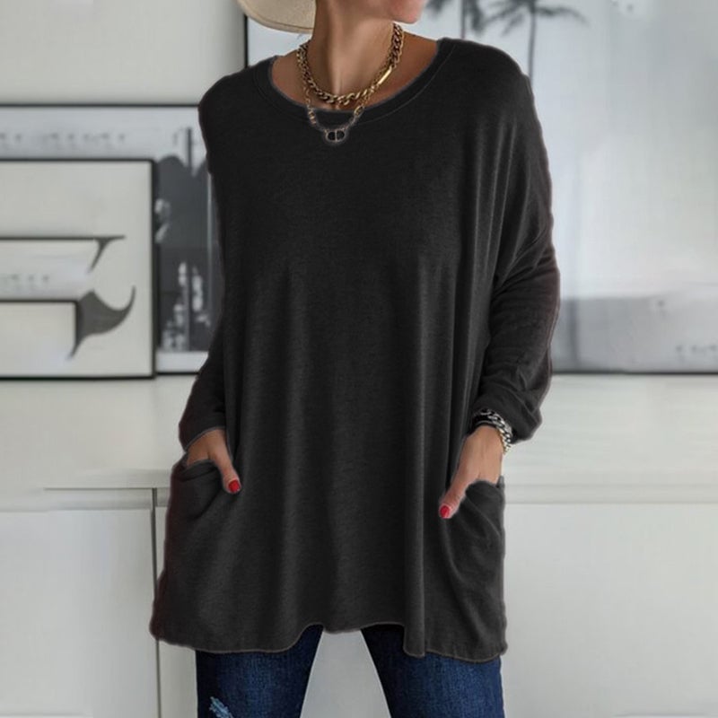 HOT SALE-Round Neck Long Sleeve Loose Pocket Solid T-Shirt