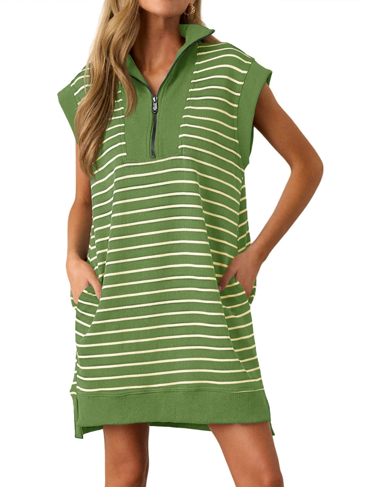 🔥Hot Sale 49% Off-Women's Striped Casual Zipper Cap Sleeve Mini Dress