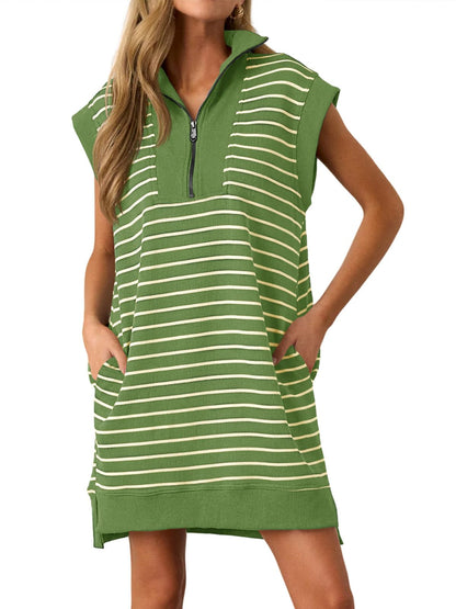 🔥Hot Sale 49% Off-Women's Striped Casual Zipper Cap Sleeve Mini Dress