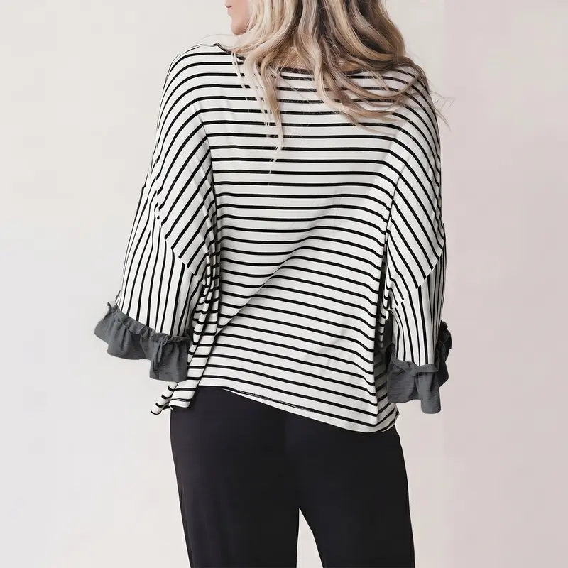 Women's color-blocked three-quarter sleeve striped V-neck ruffle two-piece pantsuit