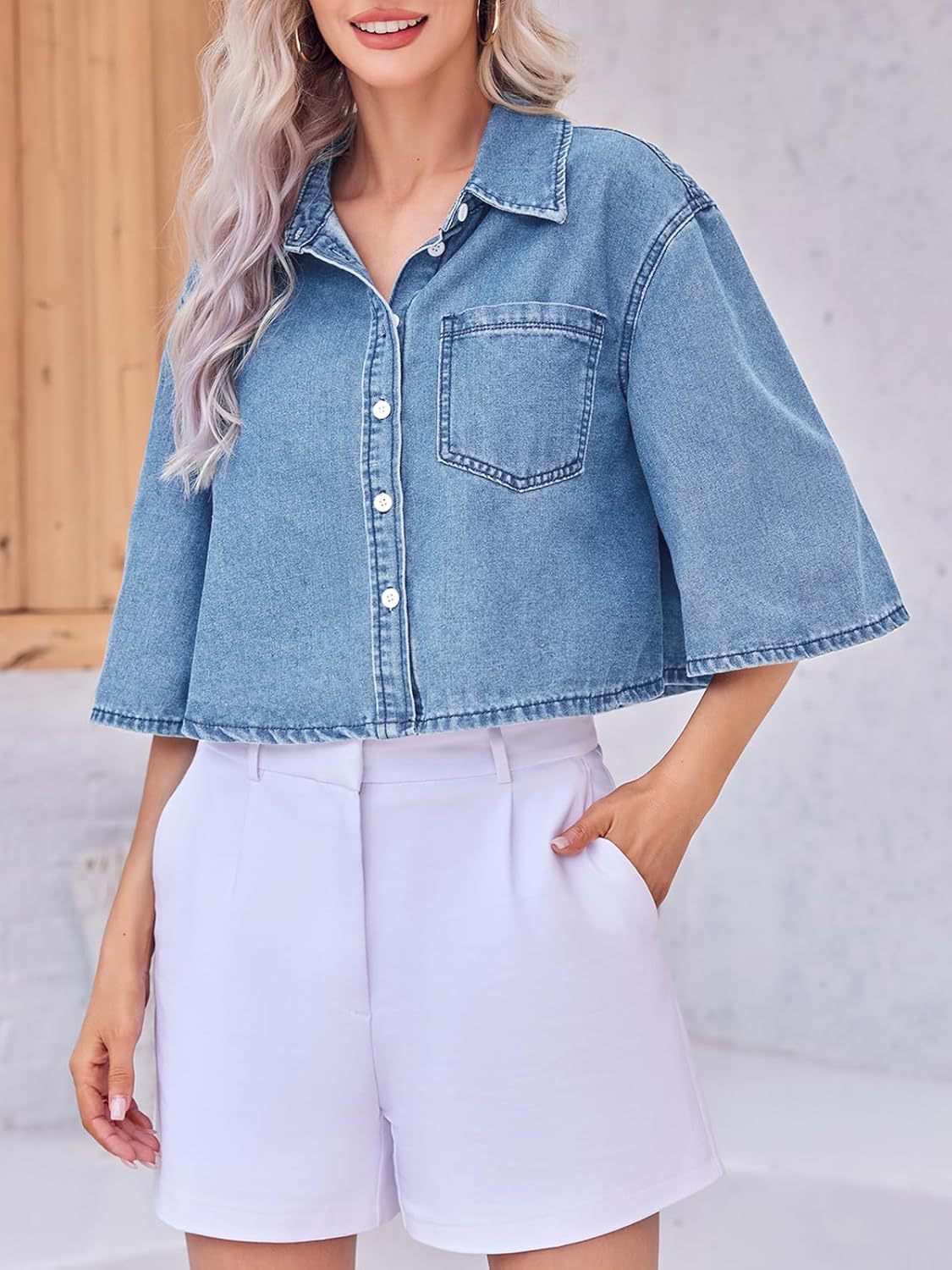 Women's Cropped Oversized Short Sleeve Denim Shirt