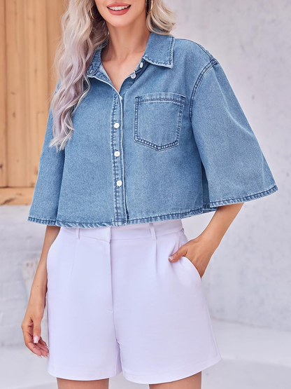Women's Cropped Oversized Short Sleeve Denim Shirt