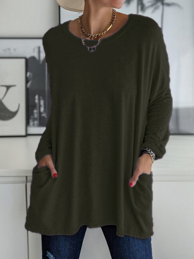 HOT SALE-Round Neck Long Sleeve Loose Pocket Solid T-Shirt