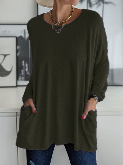 HOT SALE-Round Neck Long Sleeve Loose Pocket Solid T-Shirt