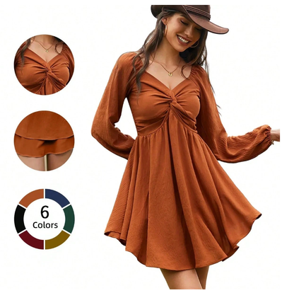 Sweetheart Neck Twist Front Lantern Sleeve A-line Mini Dress