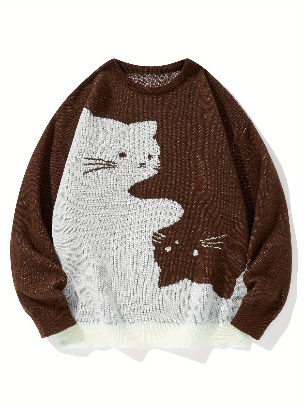 Cartoon Cat Round Neck Long Sleeve Sweater Preppy Style