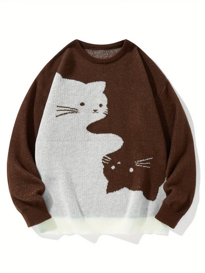 Cartoon Cat Round Neck Long Sleeve Sweater Preppy Style