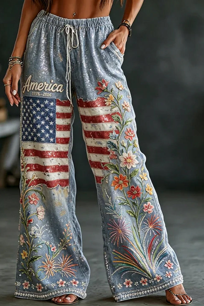 Women's Independence Day Flag And Floral Print Cotton Linen Casual Pants