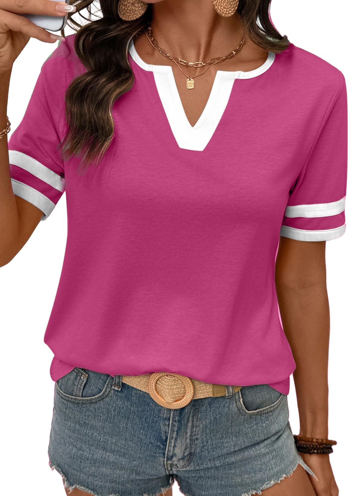 2026 Spring/Summer Women's Casual Colorblock V-Neck T-Shirt
