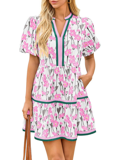 2026 Women's V Neck Floral Dress Short Puff Sleeve Boho Dresses