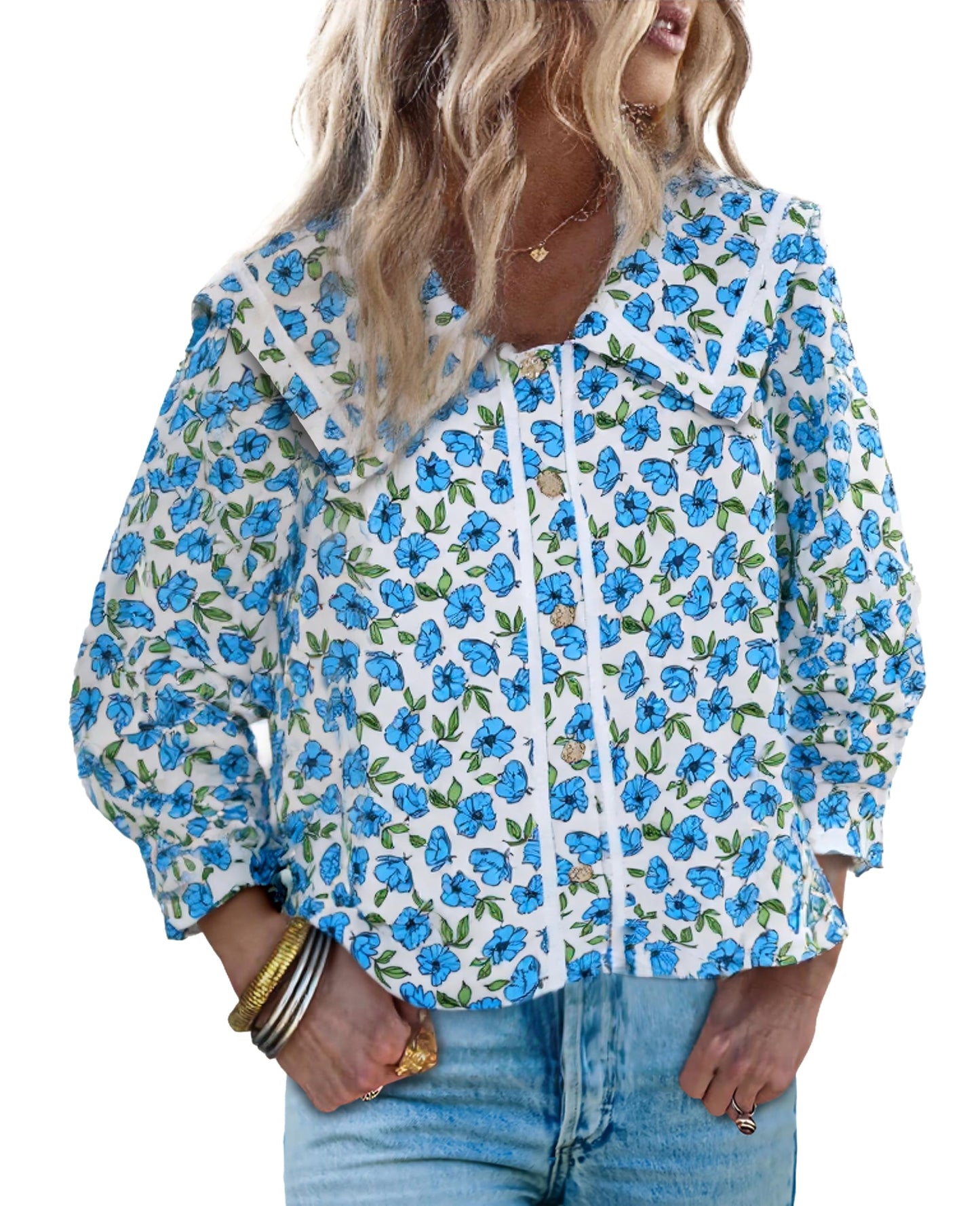 HOT SALE Women's Floral Collared 3/4 Lantern Sleeve Button Down Shirt