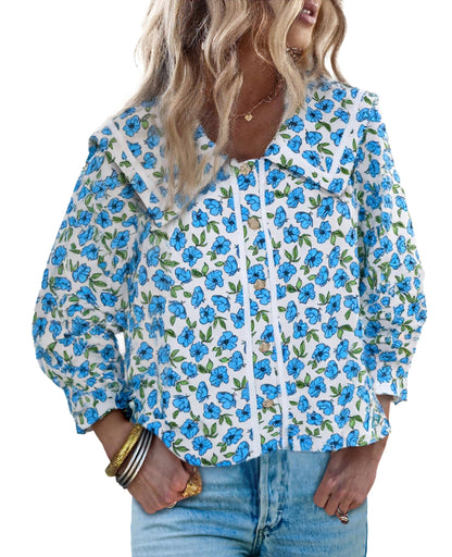 HOT SALE Women's Floral Collared 3/4 Lantern Sleeve Button Down Shirt