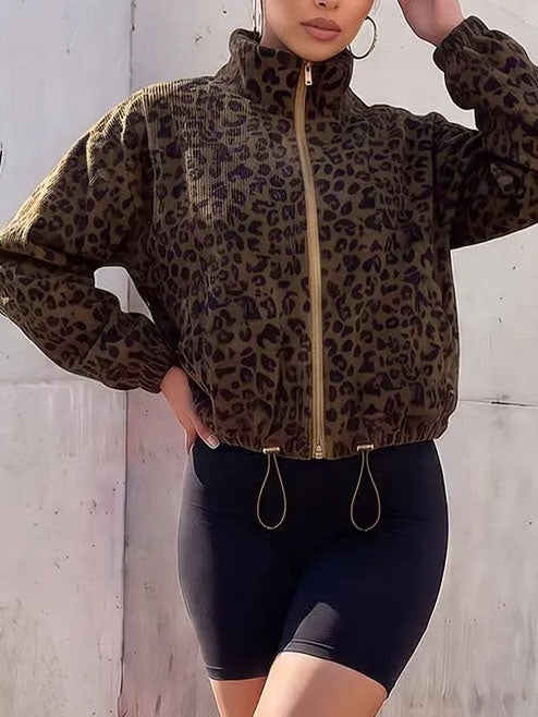 Women Leopard Print Zip Up Cropped Jacket With Drawstring Hem