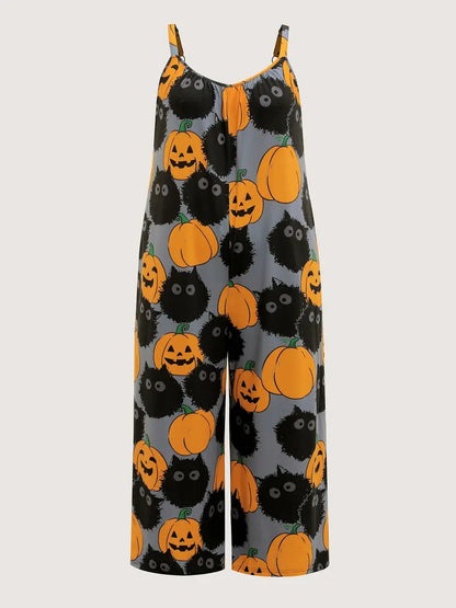 Plus-size pumpkin print wide-leg jumpsuit