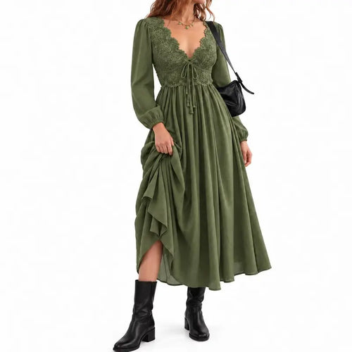 Women's Bohemian Style Lace V-Neck Drawstring Waist Puff Sleeve Long Sleeve Flowy A-Line Dress