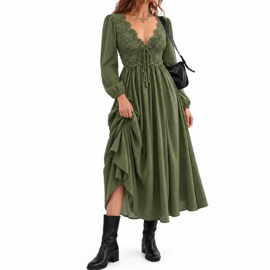 Women's Bohemian Style Lace V-Neck Drawstring Waist Puff Sleeve Long Sleeve Flowy A-Line Dress
