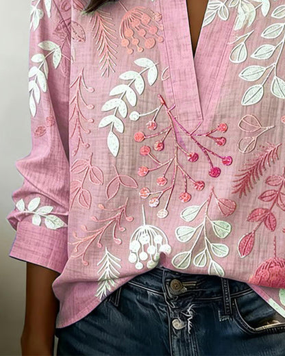 Vintage Botanical Leaf Print Notch Collar Long Sleeve Blouse