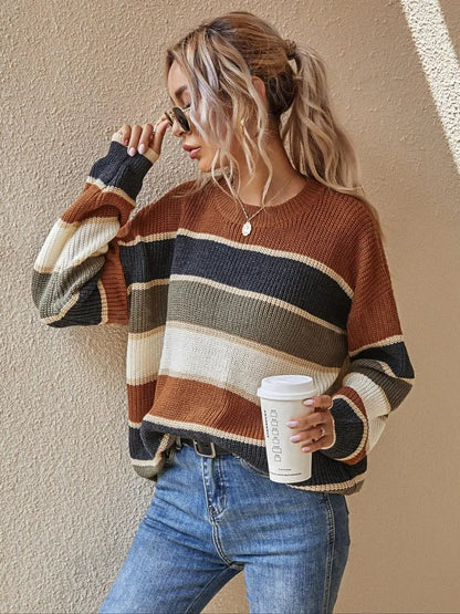 Color Block Striped Knit Sweater, Drop Shoulder Loose Long Sleeve Jumper for Fall Winter