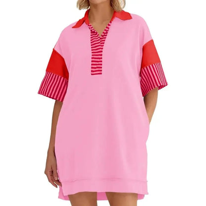 Women's Polo V Neck T Shirt Dress Casual Summer Oversized Color Block Short Sleeve Sweatshirt Mini Dresses