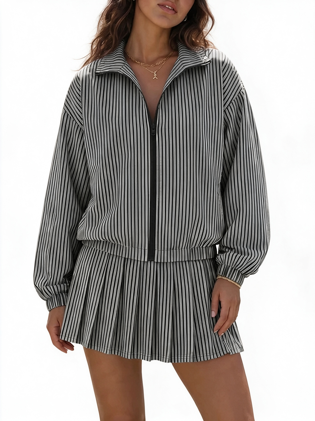 Women Casual Vertical Textured Two Piece Zip Jacket High Waist Pleated Skirt