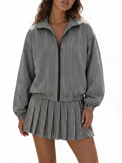 Women Casual Vertical Textured Two Piece Zip Jacket High Waist Pleated Skirt