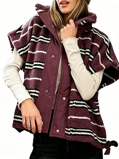 Women Horizontal Striped Stand Collar Snap‑Button Oversized Sleeveless Vest