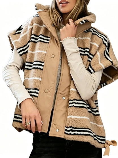 Women Horizontal Striped Stand Collar Snap‑Button Oversized Sleeveless Vest