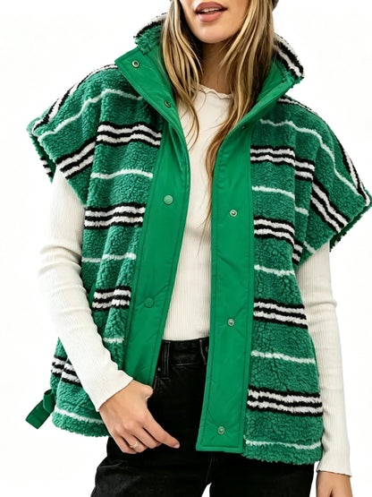 Women Horizontal Striped Stand Collar Snap‑Button Oversized Sleeveless Vest