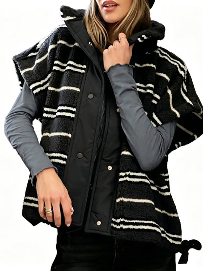 Women Horizontal Striped Stand Collar Snap‑Button Oversized Sleeveless Vest