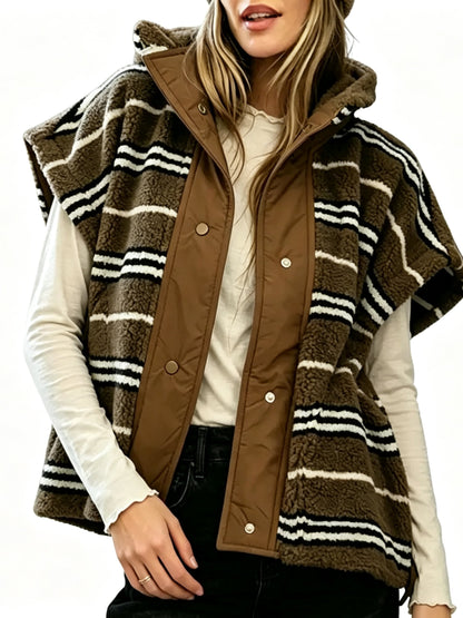 Women Horizontal Striped Stand Collar Snap‑Button Oversized Sleeveless Vest
