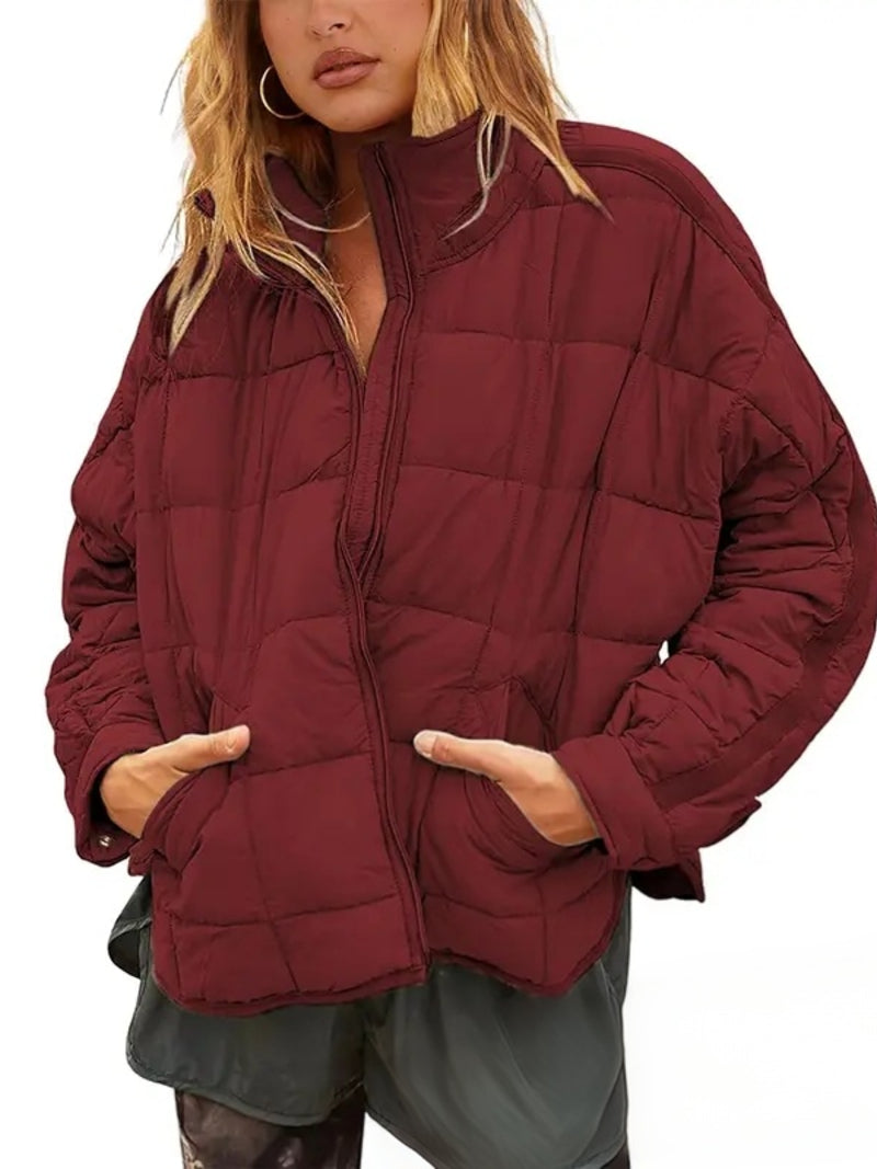 Women Lightweight Loose Fit Long Sleeve Zip Front Quilted Puffer Jacket