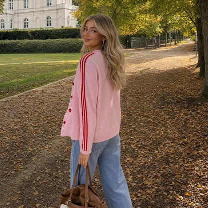 Women's Striped Three-Quarter Sleeve Button-Up Knit Cardigan
