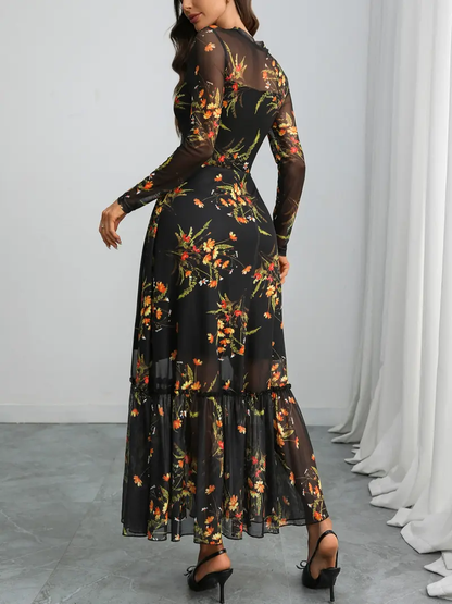 Floral Mesh Long Sleeve Midi Dress