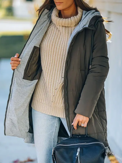 Women Hooded Drawstring Mid Puffer Coat