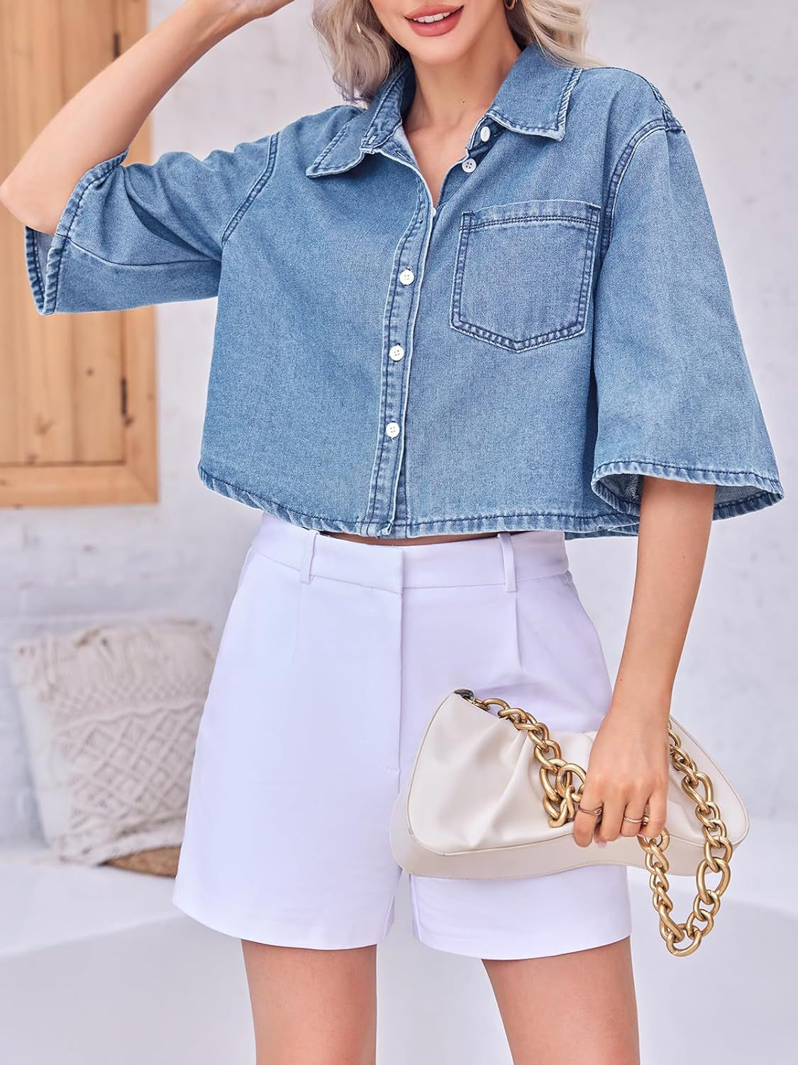Women's Cropped Oversized Short Sleeve Denim Shirt