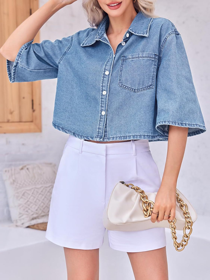 Women's Cropped Oversized Short Sleeve Denim Shirt