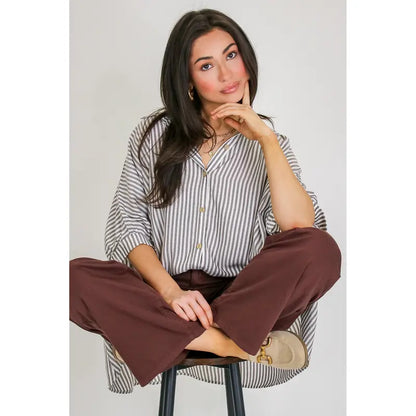 Casual Striped V Neck Loose Blouse