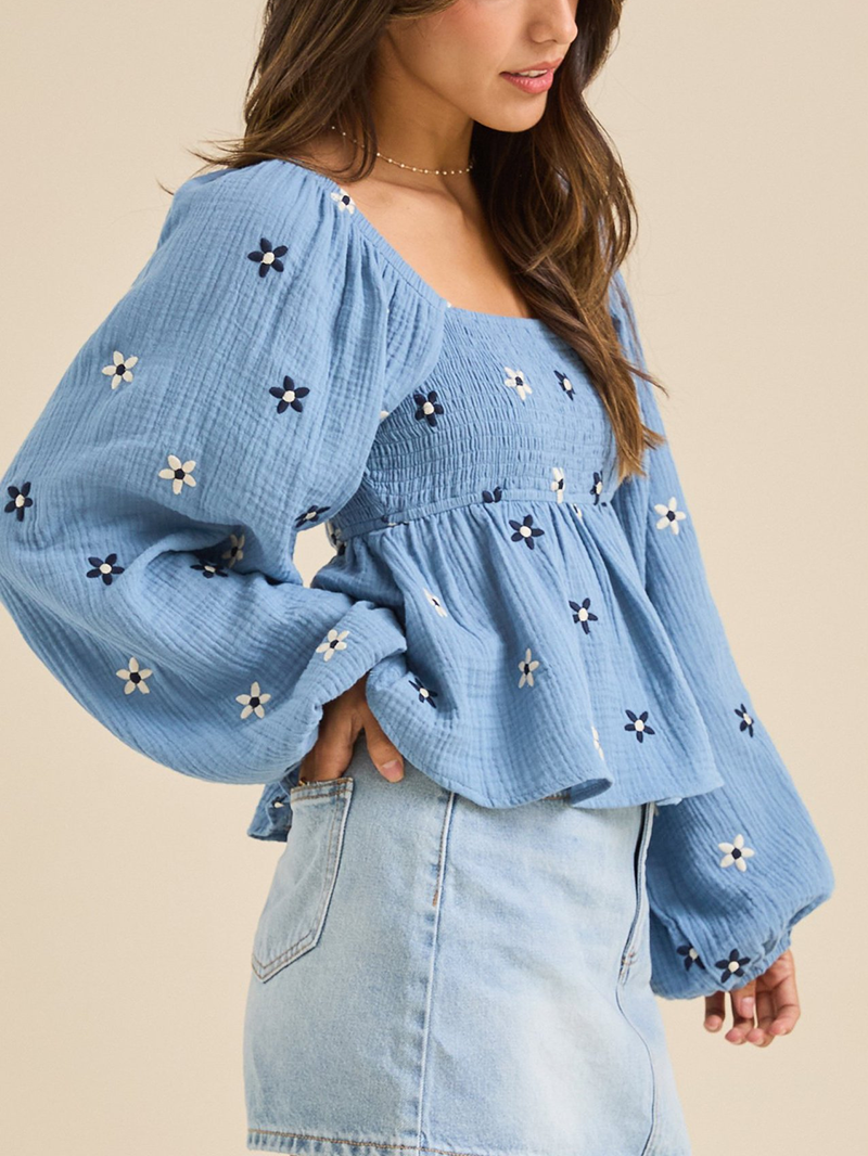 Lantern sleeve embroidered loose top(BUY 2 FREE SHIPPING)