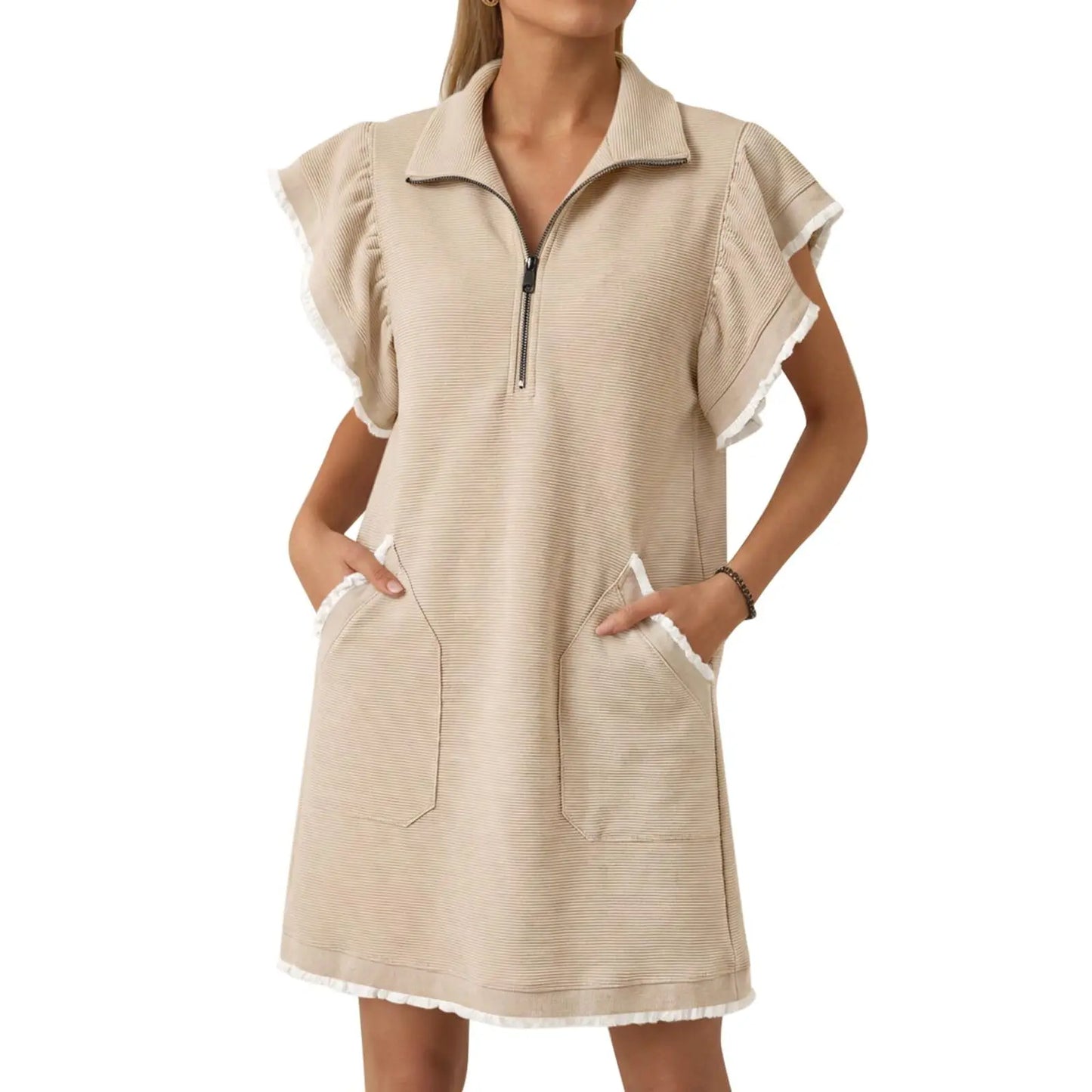Womens Ruffle Sleeve Sweatshirt Dress Summer Oversized Zipper V Neck Mini Dresses