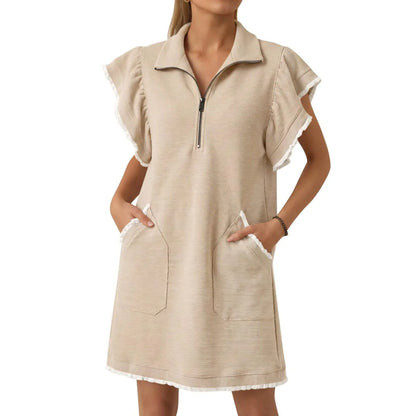 Womens Ruffle Sleeve Sweatshirt Dress Summer Oversized Zipper V Neck Mini Dresses