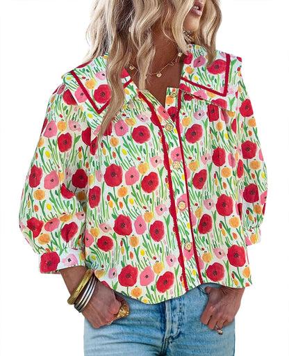 HOT SALE Women's Floral Collared 3/4 Lantern Sleeve Button Down Shirt
