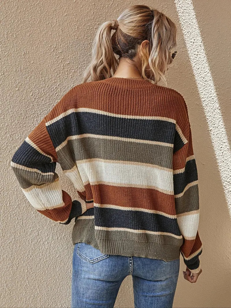 Color Block Striped Knit Sweater, Drop Shoulder Loose Long Sleeve Jumper for Fall Winter