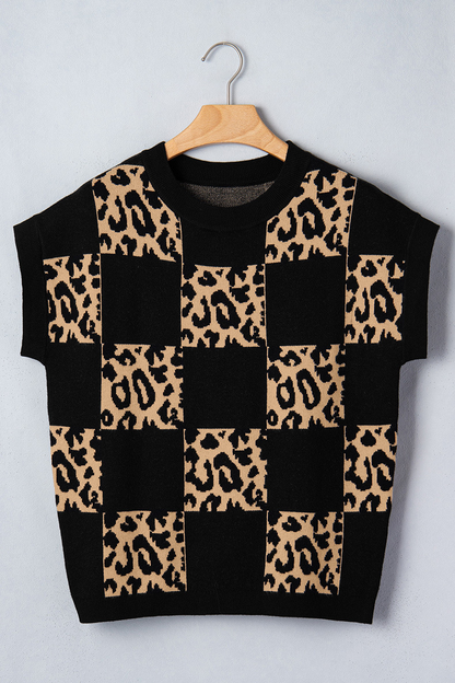 Women's Leopard Print Checkerboard Short-Sleeve Knit Top