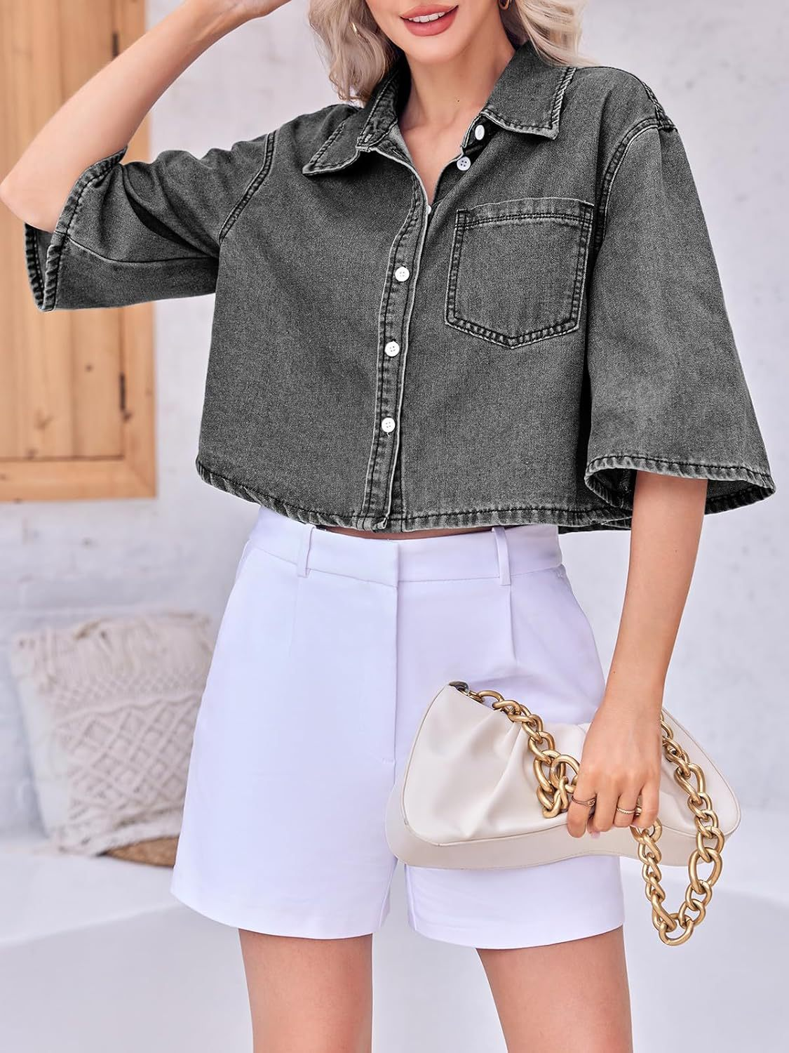 Women's Cropped Oversized Short Sleeve Denim Shirt