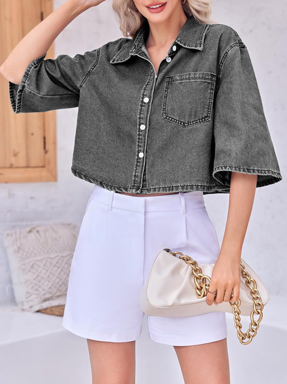 Women's Cropped Oversized Short Sleeve Denim Shirt