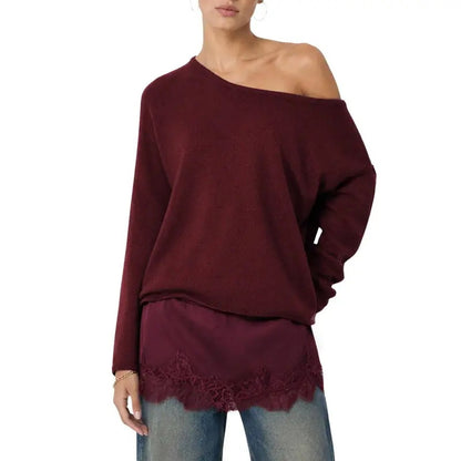 Women's one-shoulder lace-trimmed long-sleeved knit top