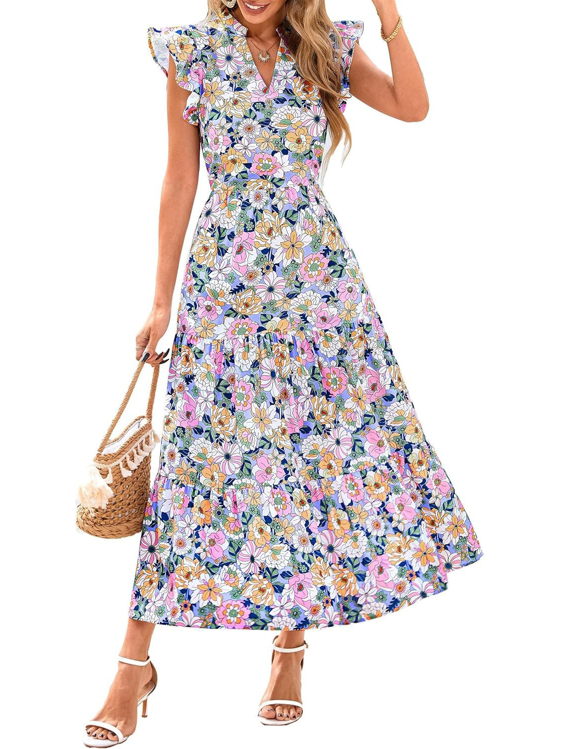 Women's Boho Print V Neck Ruffle Maxi Dress